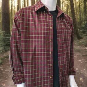 L.L. BEAN Wrinkle Resistant Plaid Shirt Mid-Weight Cotton Red Green Men's XL
